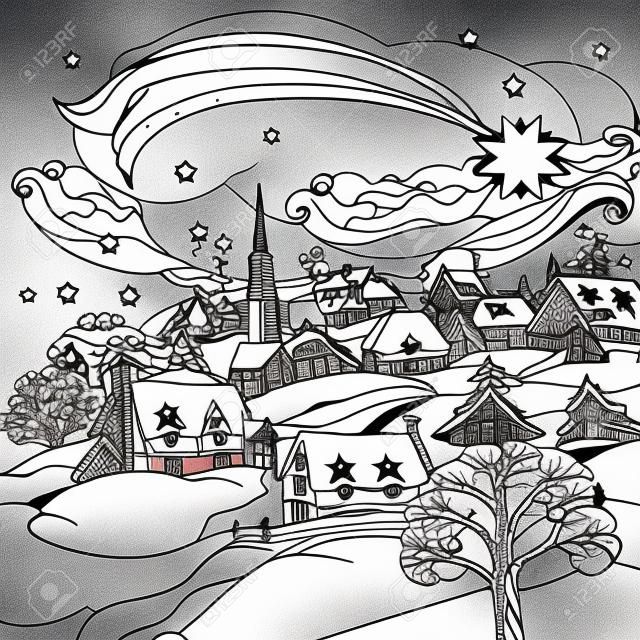 Christmas star flies over winter village, Black and white. Zentangle patters.  The best for your design, textiles, posters, coloring book