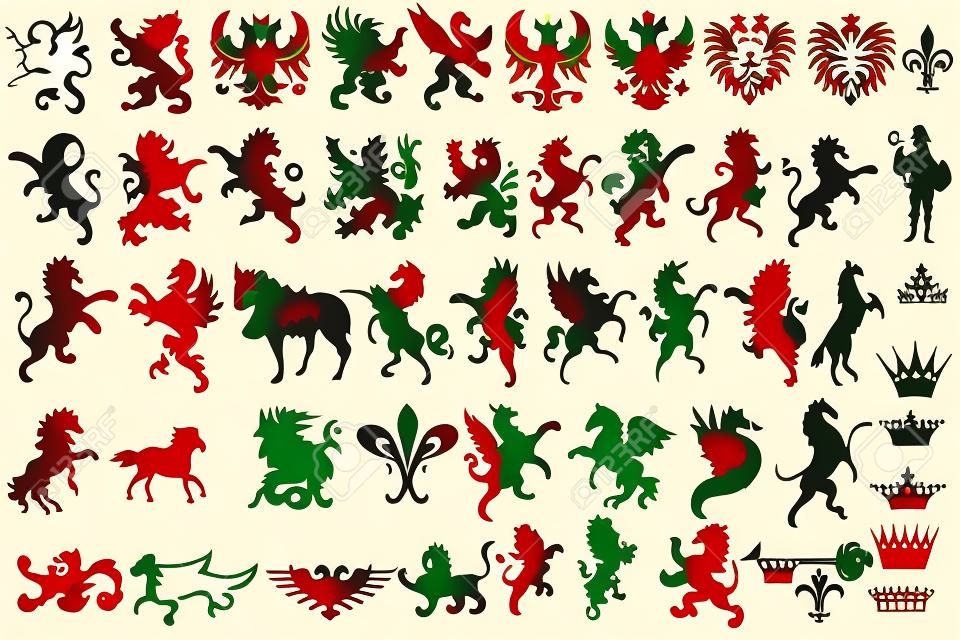 Set of vector heraldic shapes animals, crowns, fleur de lis and monsters