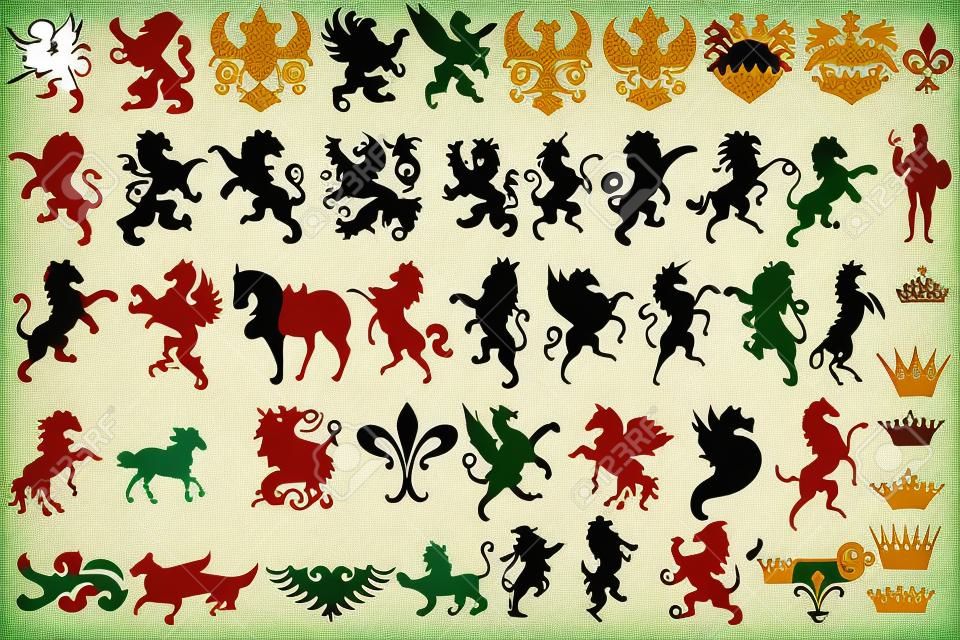 Conjunto de vector formas heráldicas animales, coronas, flor de lis y monstruos