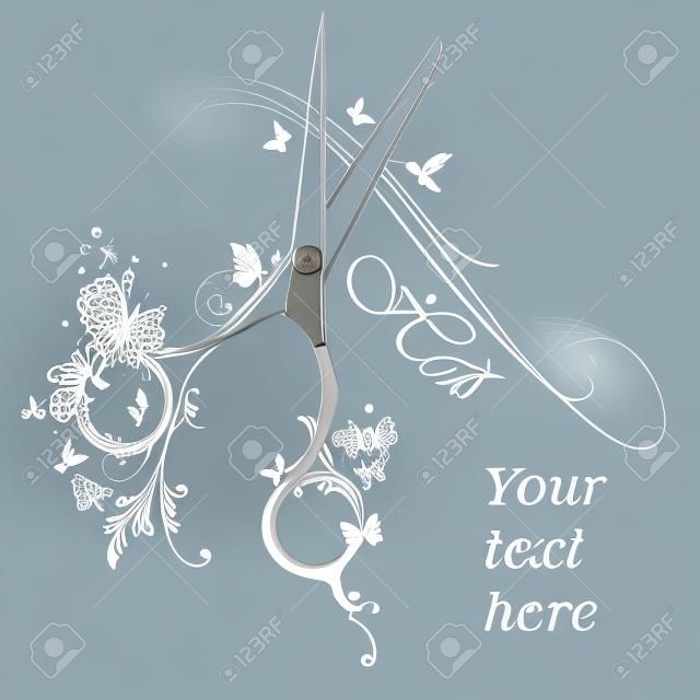 Мода дизайн логотипа или парикмахера плакат с стилиста ножницами волосы и бабочками