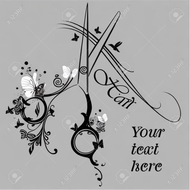 Fashion logotype design or hairdresser poster with stylist scissors hair and butterflies