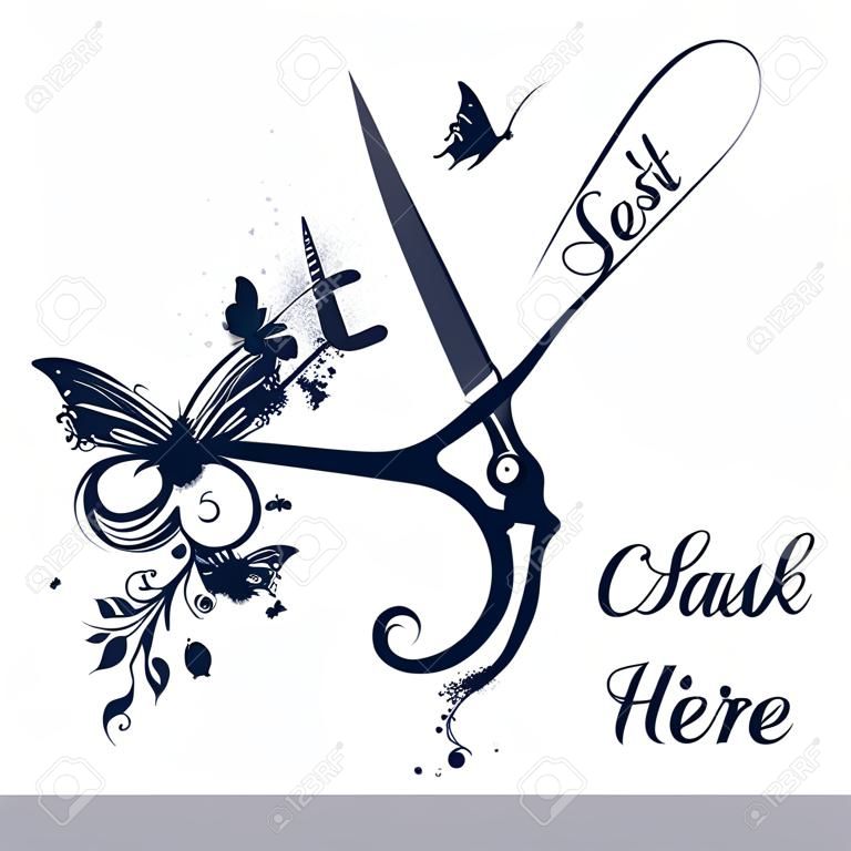 Fashion logotype design or hairdresser poster with stylist scissors hair and butterflies