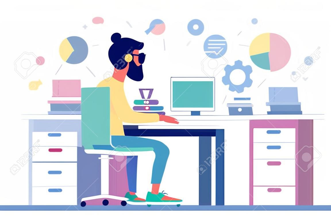 Workflow illustration. Man with computer. Communication in social networks, mail, online meeting, video call. Vector illustration in a flat style