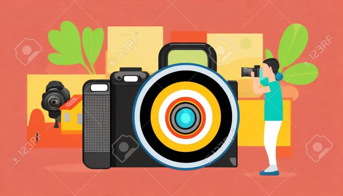 Fotografie workshop. Illustratie van fotograaf met camera. Kleurrijke platte vector tekening.