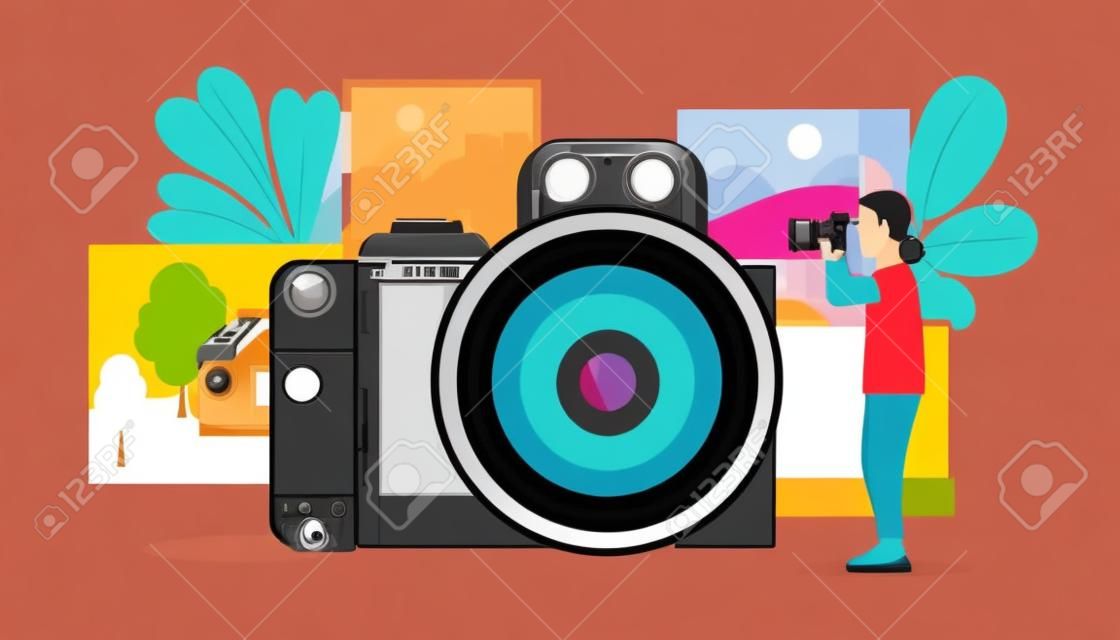 Fotografie workshop. Illustratie van fotograaf met camera. Kleurrijke platte vector tekening.