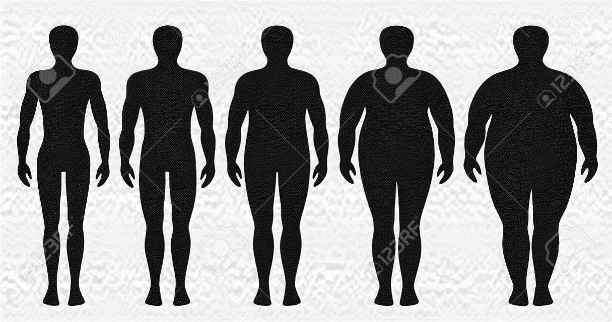 Ilustración del vector de índice de masa corporal de bajo peso a extremadamente obesos. Hombre siluetas con diferentes grados de obesidad. Cuerpo masculino con diferente peso.