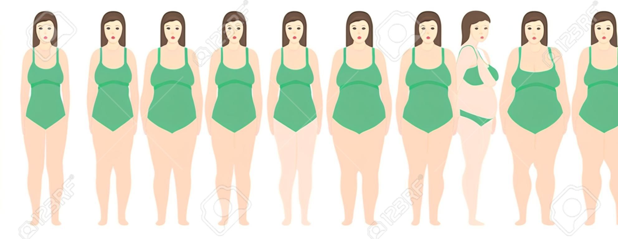 Векторная иллюстрация женщин с разным весом от анорексии до очень ожирения. Индекс массы тела, концепция потери веса.