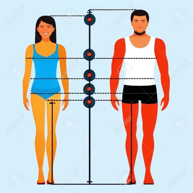 Vector illustration of man and women in full length with measurement lines of body parameters . Man and women sizes measurements. Human body measurements and proportions. Flat design.