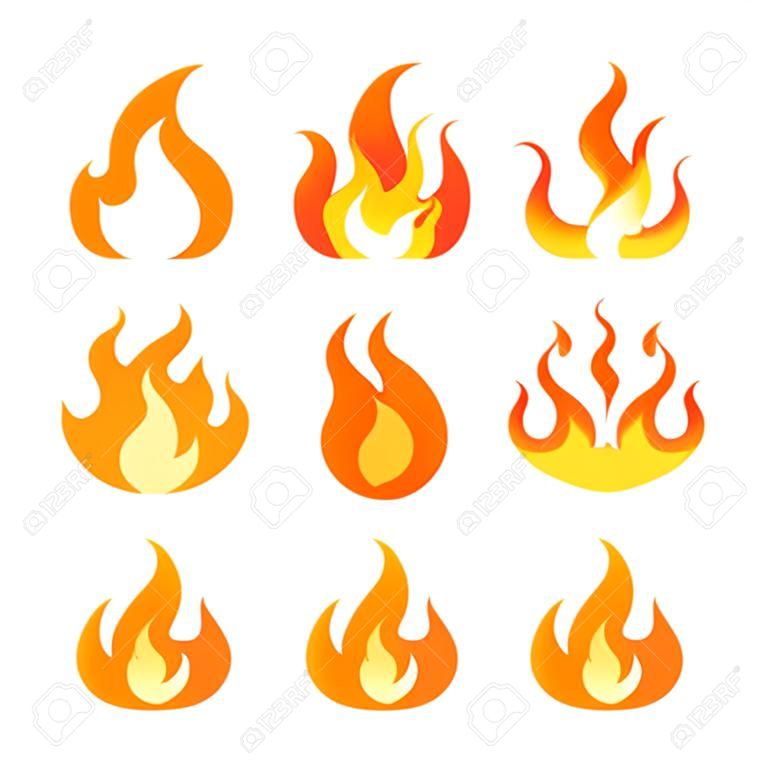 Flame icons set. Simple vector illustration in flat style isolated on a white background. Fire animation concept.