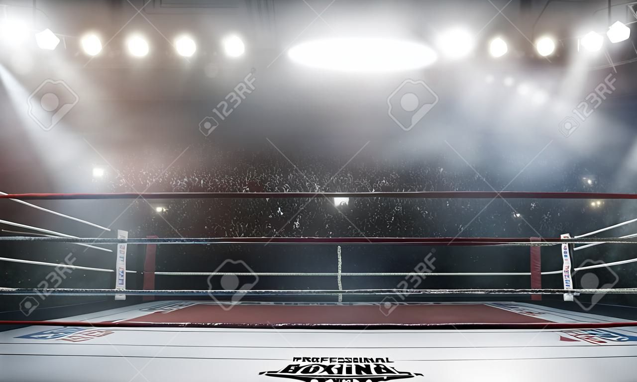 профессиональная боксерская арена в огнях 3d-рендеринг