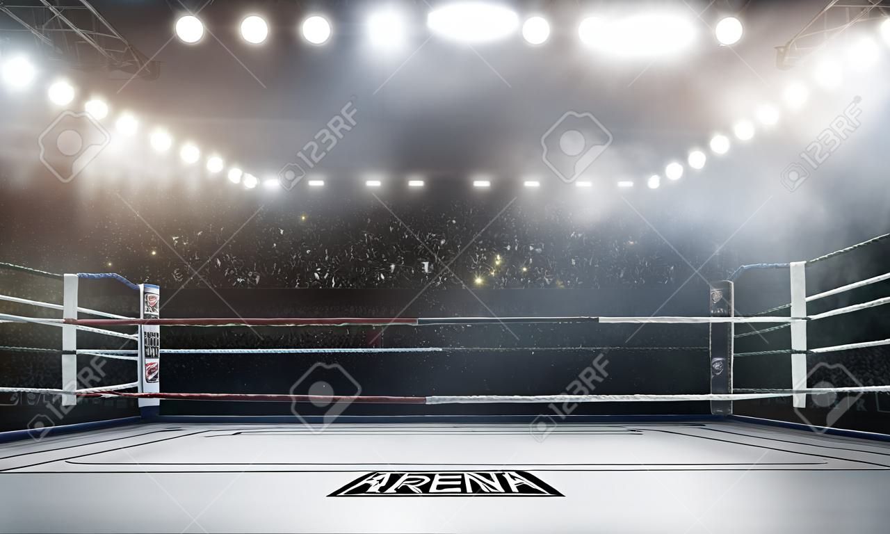 professional boxing arena in lights 3d rendering