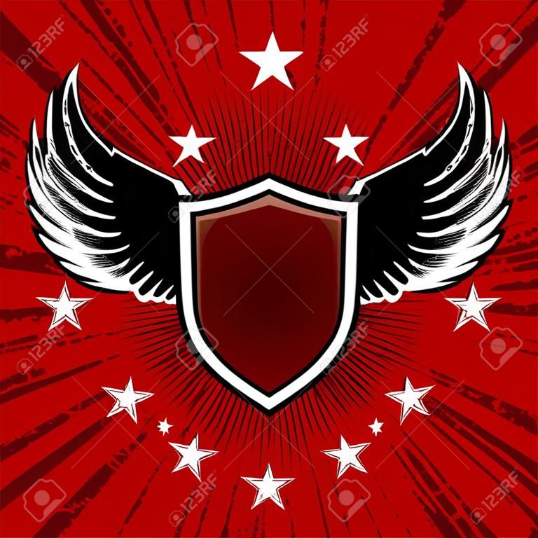 vector illustration of shield and wings set on red grunge background