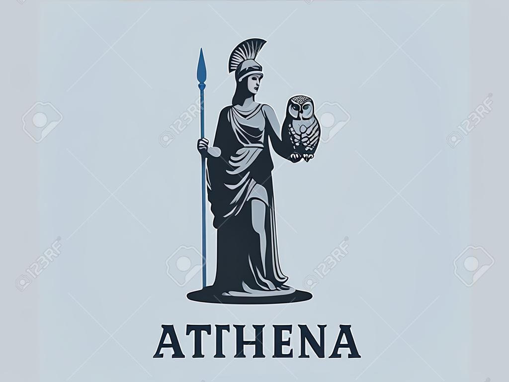 The goddess Athena holds an owl and a spear in her hand.
