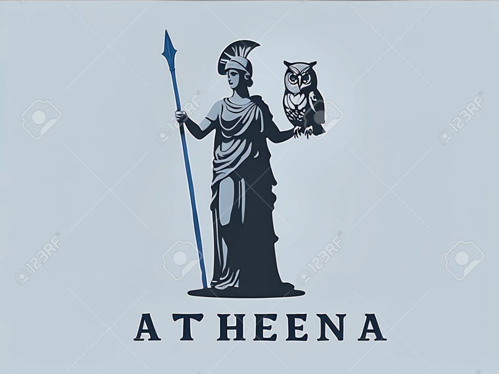 La déesse Athéna tient une chouette et une lance à la main.