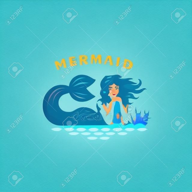 Mermaid with flying hair in the sea. Vector illustration.