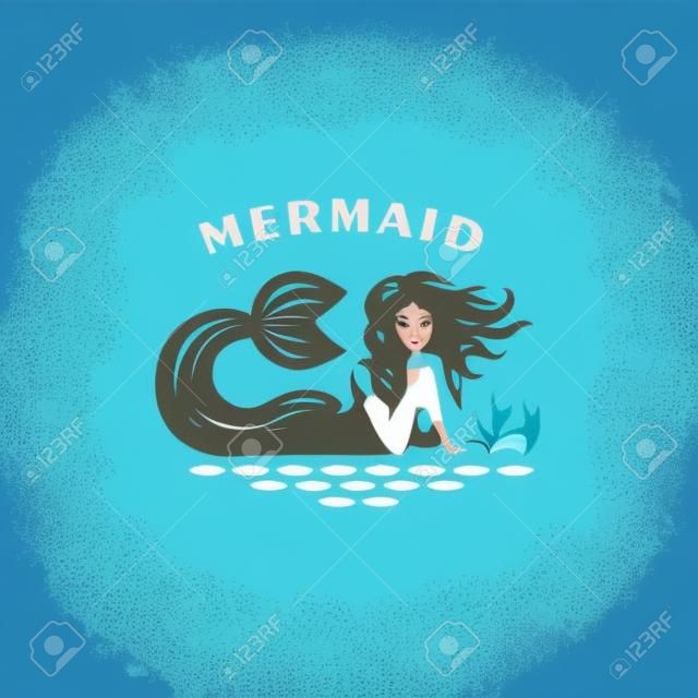Mermaid with flying hair in the sea. Vector illustration.
