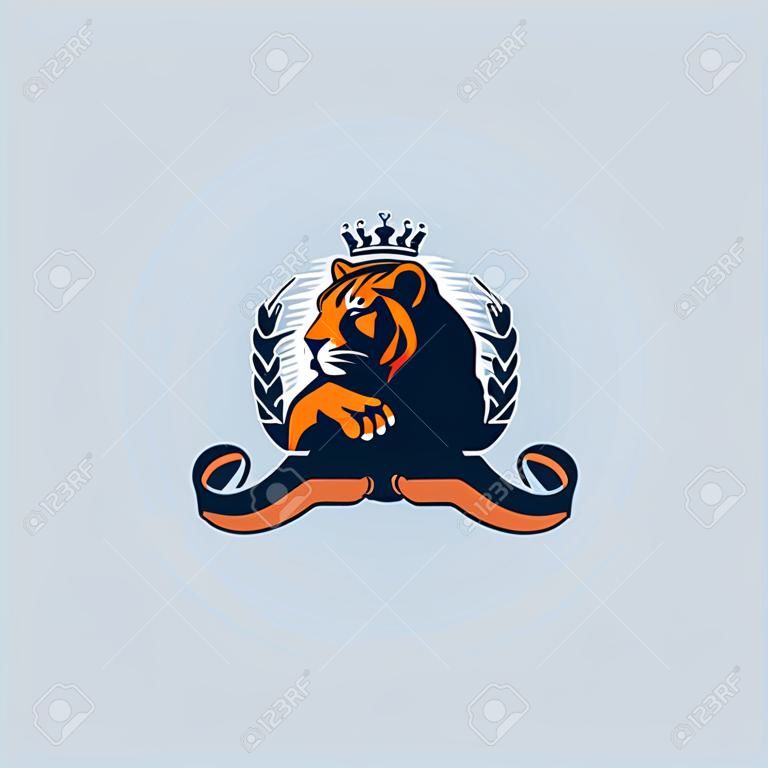 A calm and balanced tiger with a crown lies with its paw on its paw. Around him is a laurel wreath encircled by a ribbon. Vector illustration.