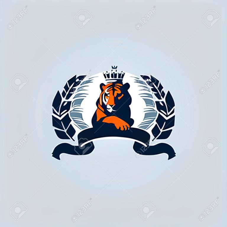 A calm and balanced tiger with a crown lies with its paw on its paw. Around him is a laurel wreath encircled by a ribbon. Vector illustration.