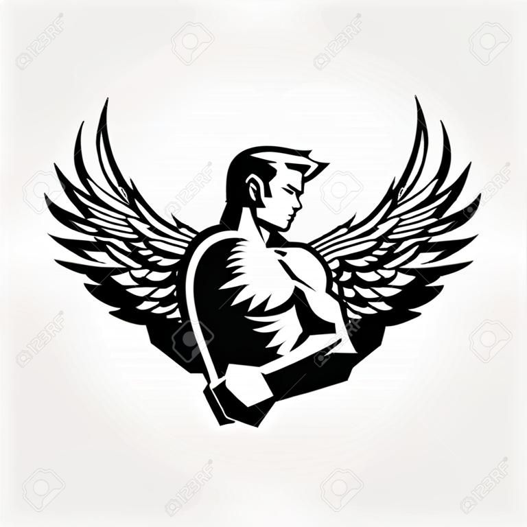 Ein Mann ist ein Engel mit Flügeln, der sein Haar streichelt, die zweite Hand an seinem Gürtel.