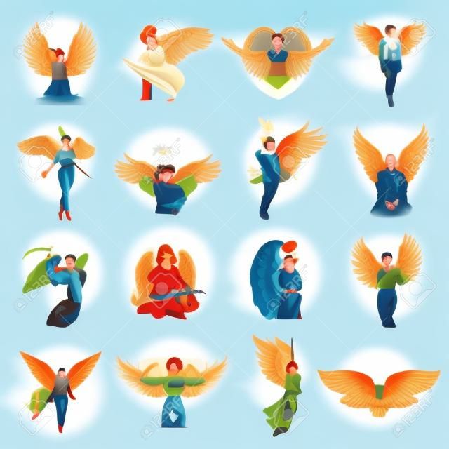 A set of angels, man and woman, in different poses. Vector illustration.