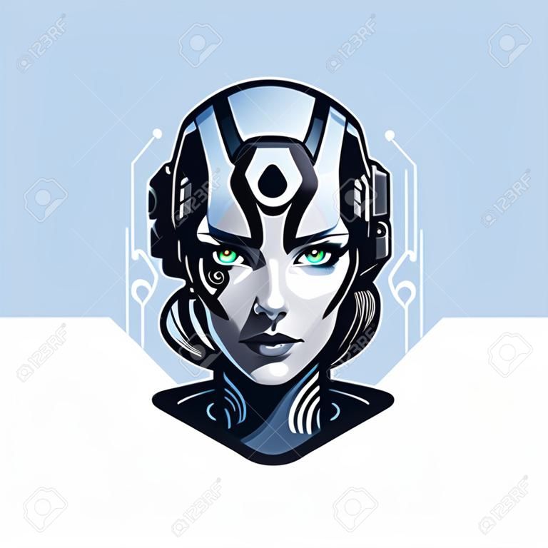 Retrato de una mujer robot androd. Tecnolíneas. Ojos brillantes.