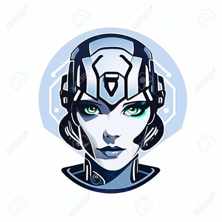 Ritratto di una donna robot Android. Tecnoline. Occhi luccicanti.