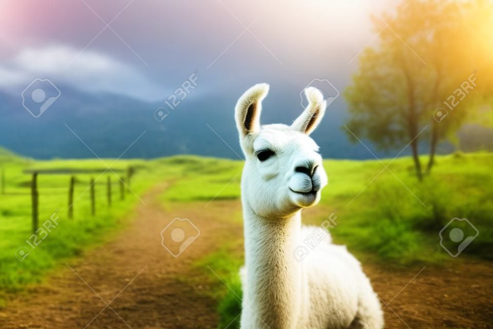 Lama animal graze in the meadow with wire fence