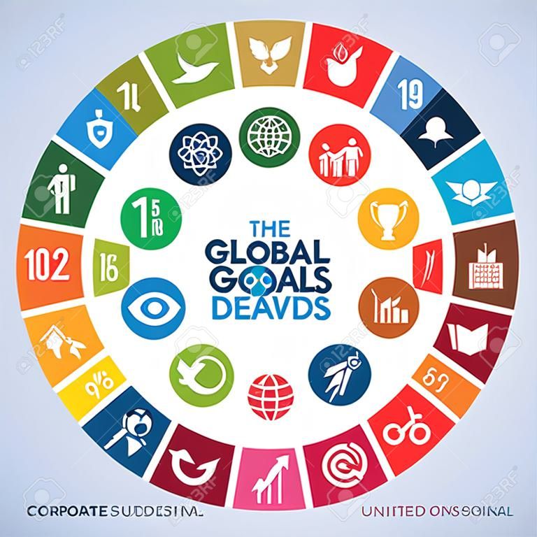 Farbiges Icon-Set der globalen Ziele. Soziale Verantwortung des Unternehmens. Ziele für nachhaltige Entwicklung - die Vereinten Nationen.