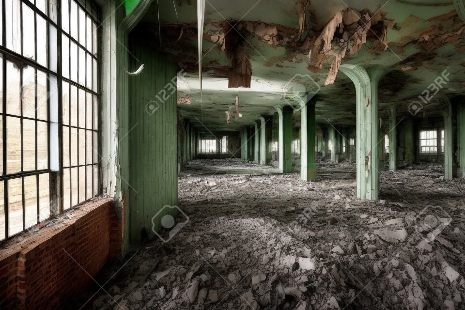 Widok wnętrza opuszczonej fabryki Fisher Body Plant w Detroit. Od tego czasu zakład jest opuszczony i pusty.