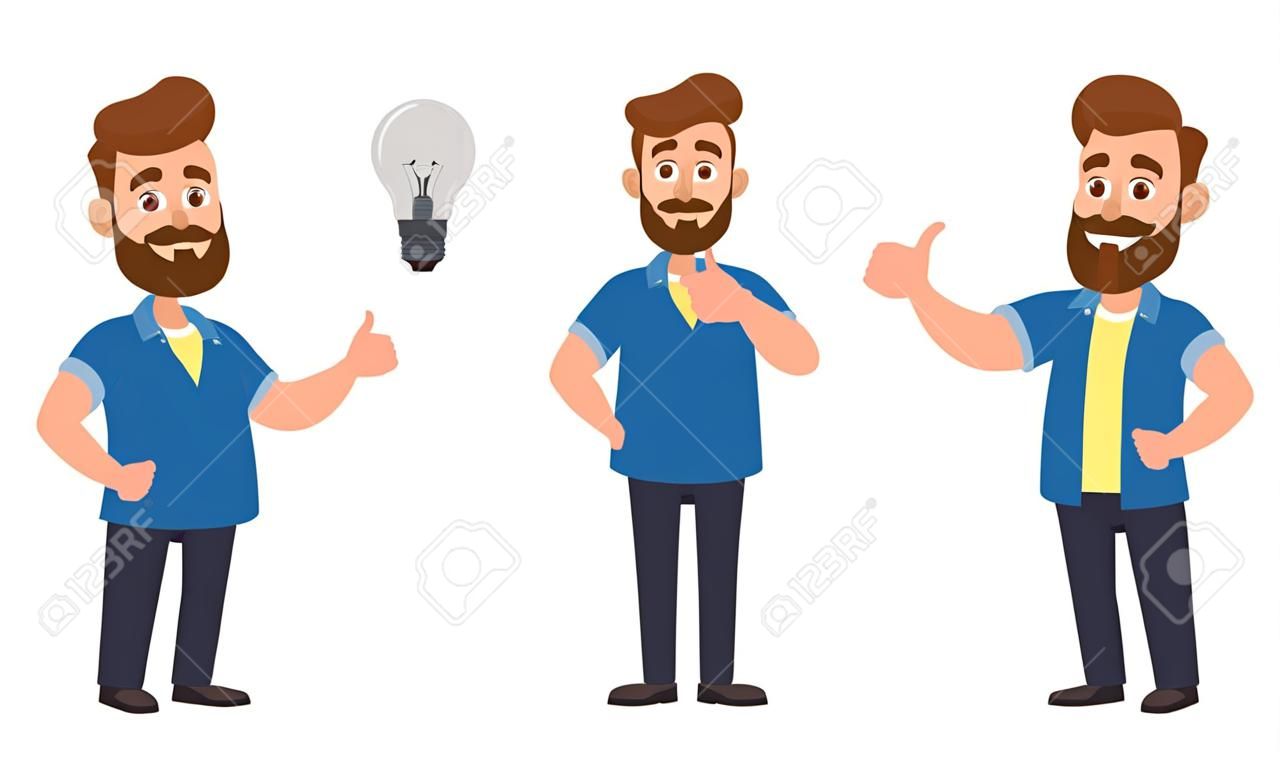 Happy man holding bright bulb and pointing index finger to it. Unhappy man holding dull bulb and pointing to it. Idea, invention, innovation concept illustration in vector cartoon style.