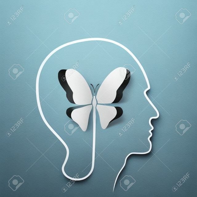 Testa umana con farfalla di carta - simbolo di libertà e creatività - concetti di design