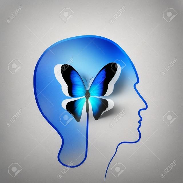 Human head with paper butterfly - symbol Freedom and creativity - design concepts