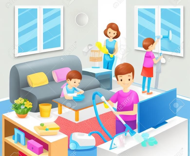Pai, mãe, filho e filha que limpam a casa junto, trabalho doméstico, dispositivo, casa, ferramentas domésticas, estação da primavera