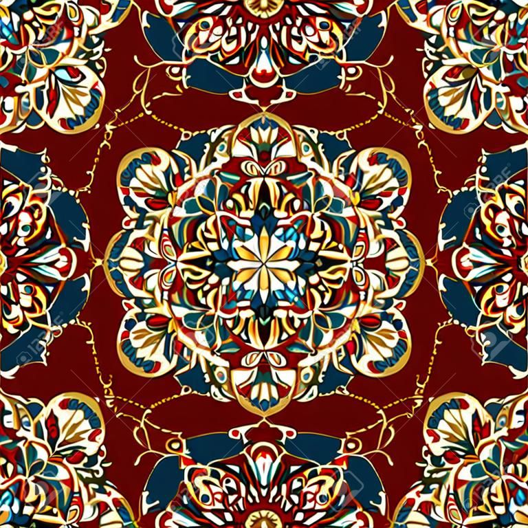Seamless, vector, bright, ornate pattern with mandalas. Template for textiles, shawl, carpet, bandana, tile. Oriental ornament  with gold border.