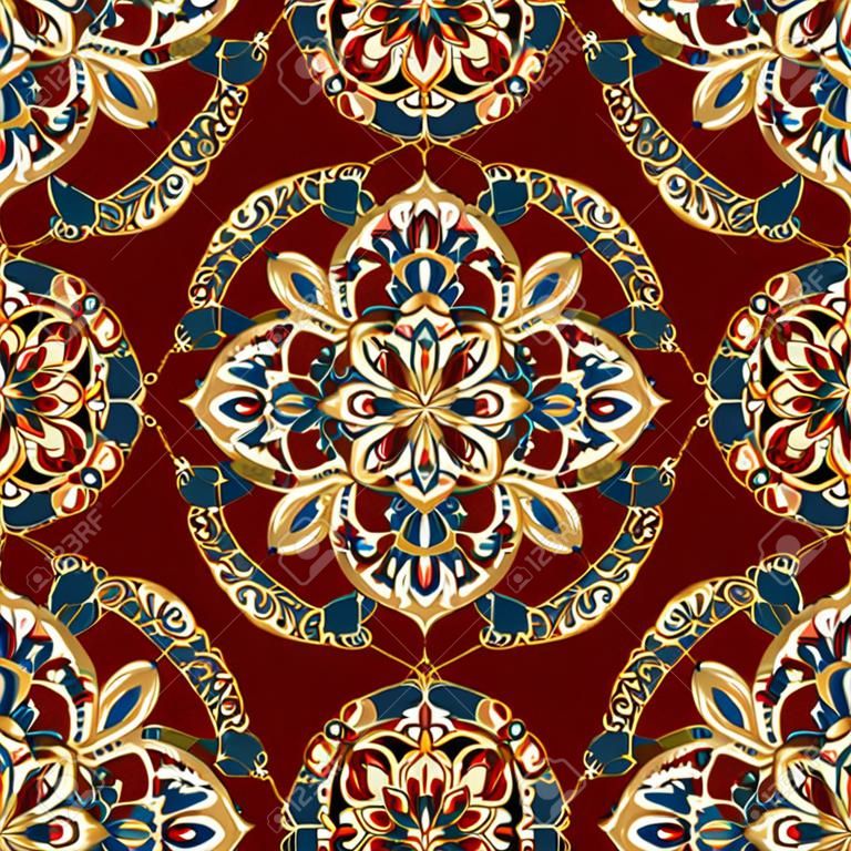 Seamless, vecteur, lumineux, motif orné de mandalas. Modèle pour les textiles, châle, tapis, bandana, tuile. ornement oriental avec bordure d'or.