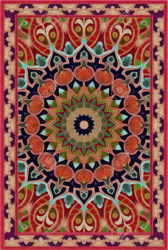 Modello colorato per tappeto, tessile. Motivo floreale orientale con melograno.