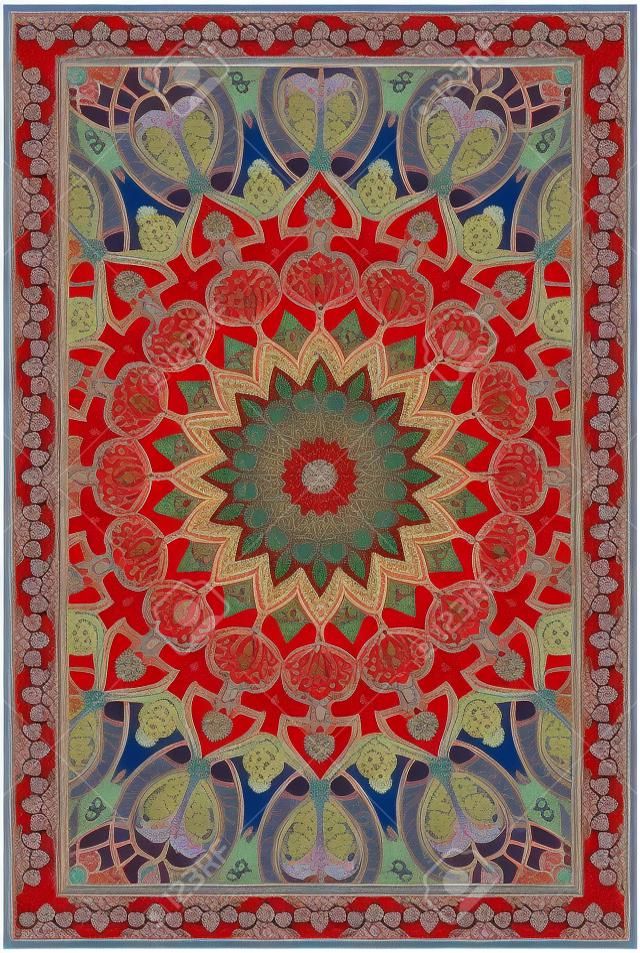 Kolorowy szablon na dywan, tekstylia. Orientalny kwiatowy wzór z granatem.