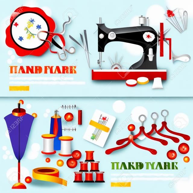 Banners de alfaiataria costureira designer de moda bordado ferramentas de alfaiataria ilustração vetorial