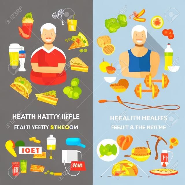 Здоровый образ жизни и нездорового образа жизни баннер толстый человек тонкий человек, диета и фитнес-питание и проблема ожирения вектор быстро