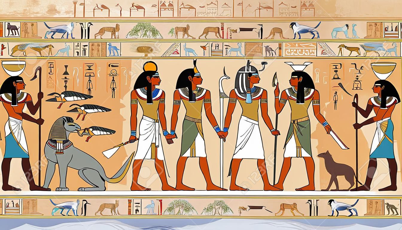 Cena do antigo Egito, mitologia. Deuses e faraós egípcios. Entalhes hieroglíficos nas paredes externas de um templo antigo. Fundo do Egito. Murais do antigo Egito.