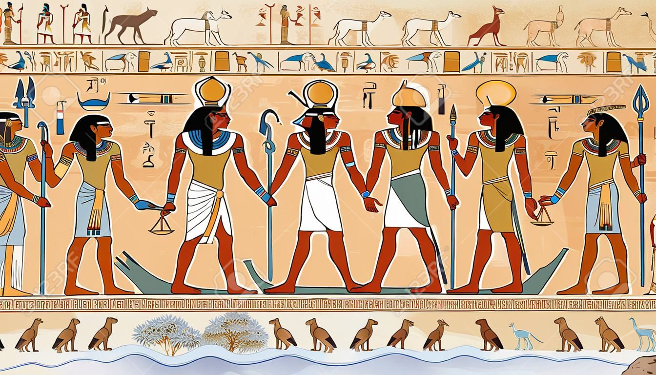 Starożytny Egipt scena, mitologia. Egipscy bogowie i faraonów. Hieroglificzne płaskorzeźby na ścianach zewnętrznych starożytnej świątyni. Egipt tła. Murale starożytnego Egiptu.