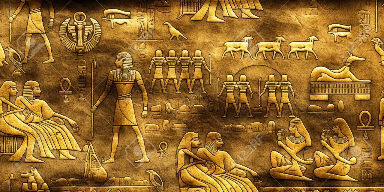 古代エジプトのシームレスなパターン。古代エジプト パターンの外壁に象形文字の彫刻。古代エジプトの壁画。グランジ エジプト シームレスな背景。エジプトの神々 とファラオのパターン