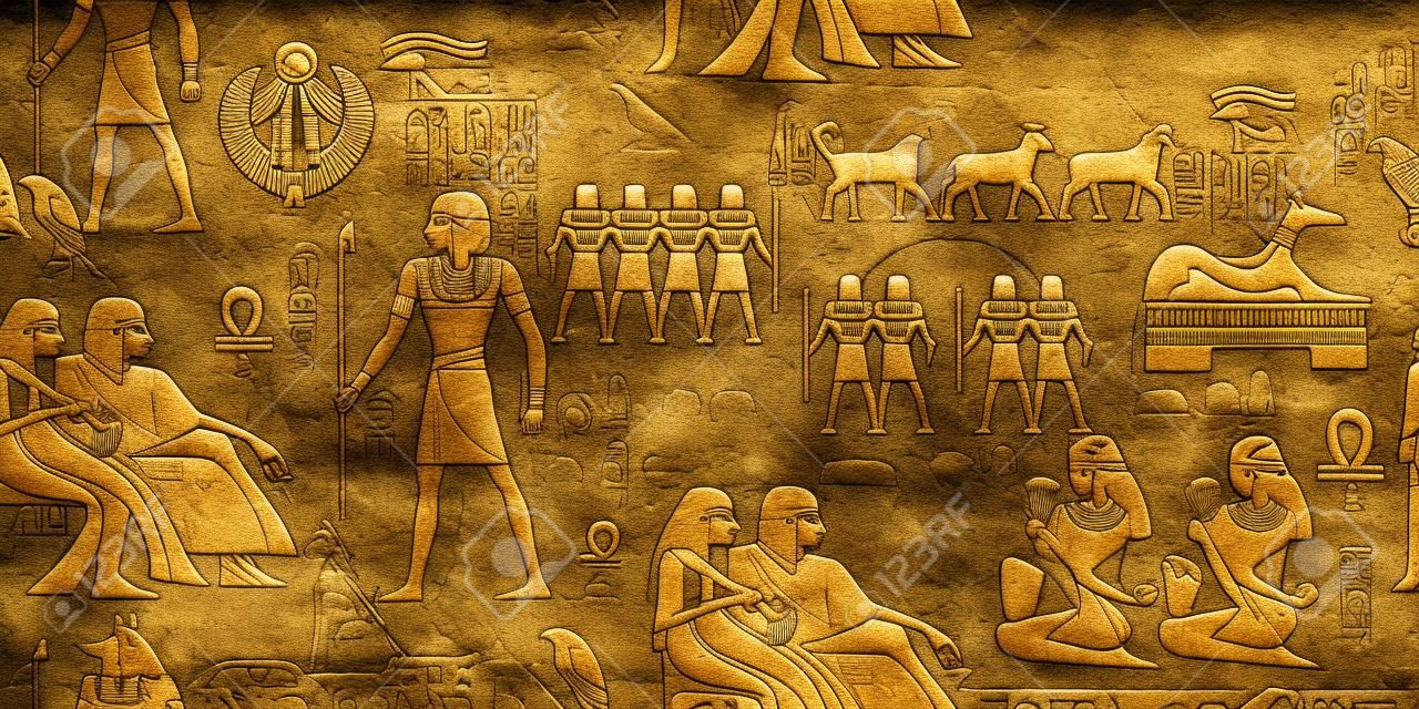 Ancient Egypt seamless pattern. Hieroglyphic carvings on the exterior walls of an ancient egyptian pattern. Ancient Egypt murals. Grunge Egypt seamless background. Egyptian gods and pharaohs pattern