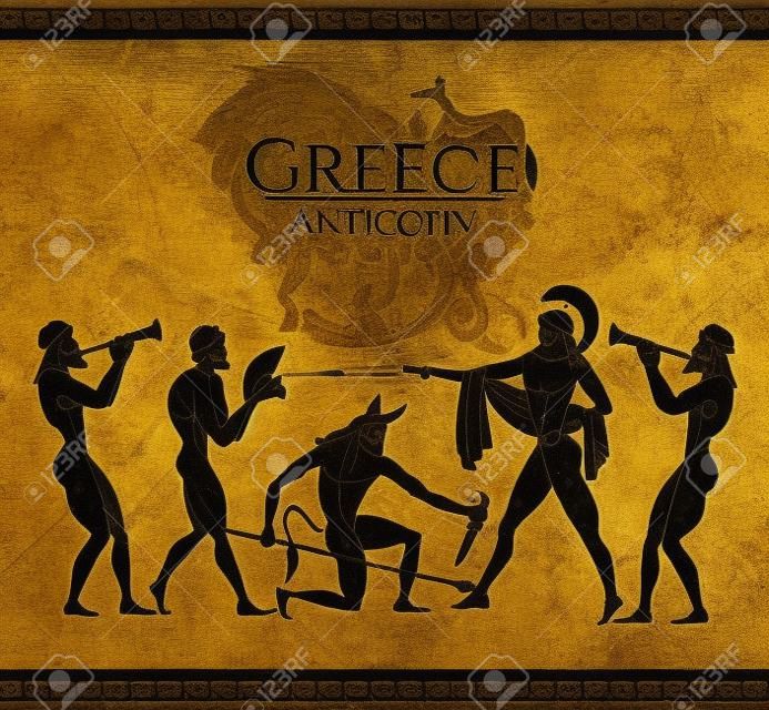 Cena da Grécia Antiga. Olaria figura preta. Caça para um Minotauro, deuses, lutador. Clássico estilo grego antigo