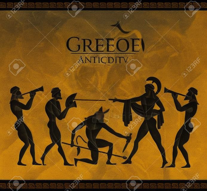 Cena da Grécia Antiga. Olaria figura preta. Caça para um Minotauro, deuses, lutador. Clássico estilo grego antigo