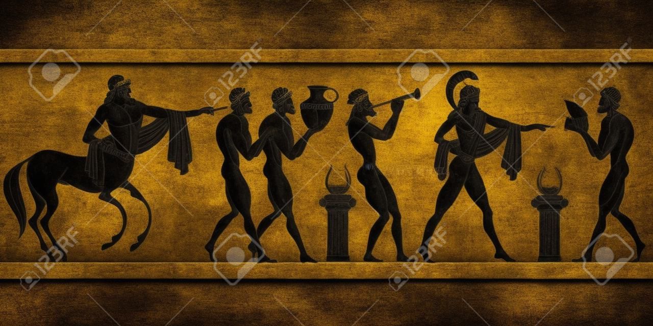 Ősi görög jelenet. Fekete figura kerámia. Ősi görög mitológia. Kentaur, emberek, egy Olympus istenei. Klasszikus ókori görög stílus