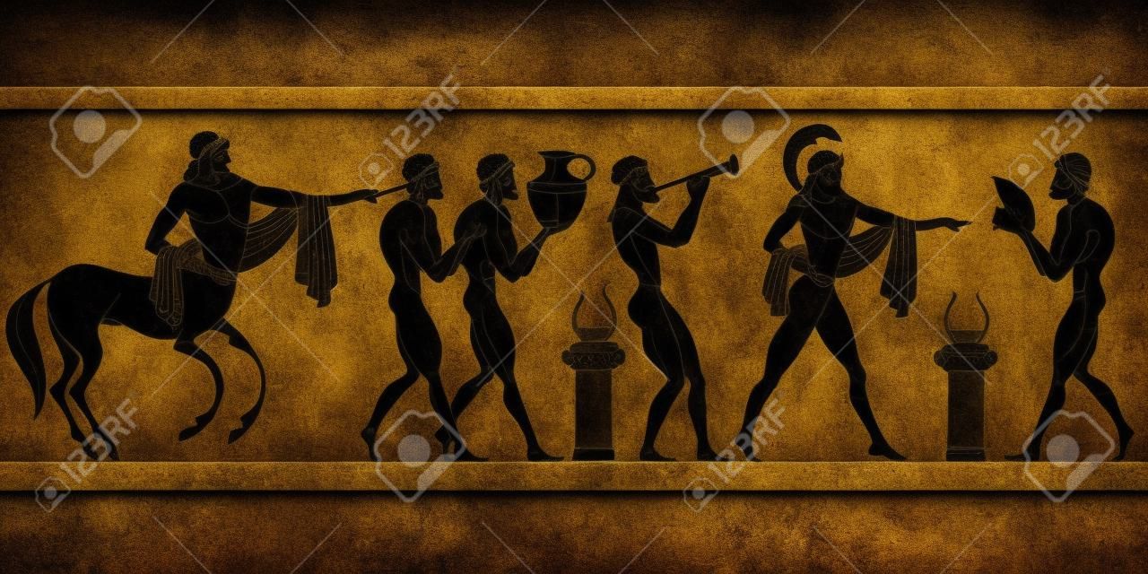 Ancient Greece scene. Black figure pottery. Ancient Greek mythology. Centaur, people, gods of an Olympus. Classical Ancient Greek style
