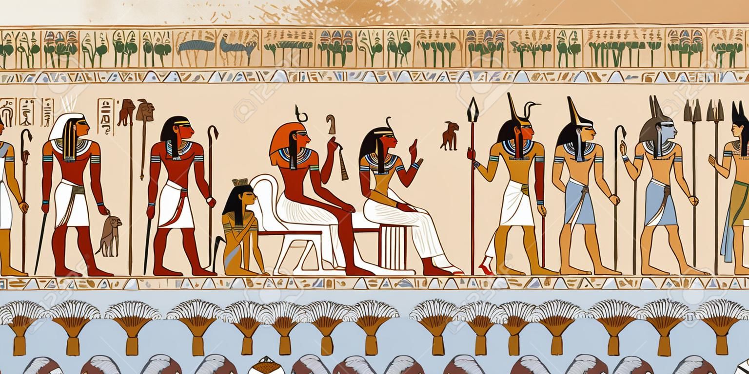 divinità egiziana e faraoni. scena Antico Egitto, la mitologia. sculture geroglifici sulle pareti esterne di un antico tempio. Murales Egitto.
