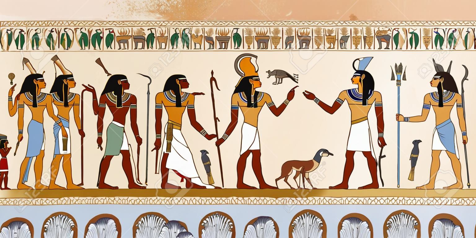Deuses e faraós egípcios. Cena do antigo Egito, mitologia. Entalhes hieroglíficos nas paredes exteriores de um templo antigo. Murals antigo Egito.
