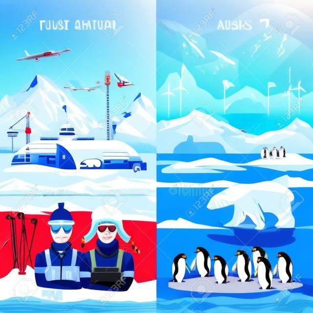 Travel to Antarctica banners. Scientific station on North Pole.  Arctic and Antarctic tourism. Fauna of Antarctic, polar bear, penguins